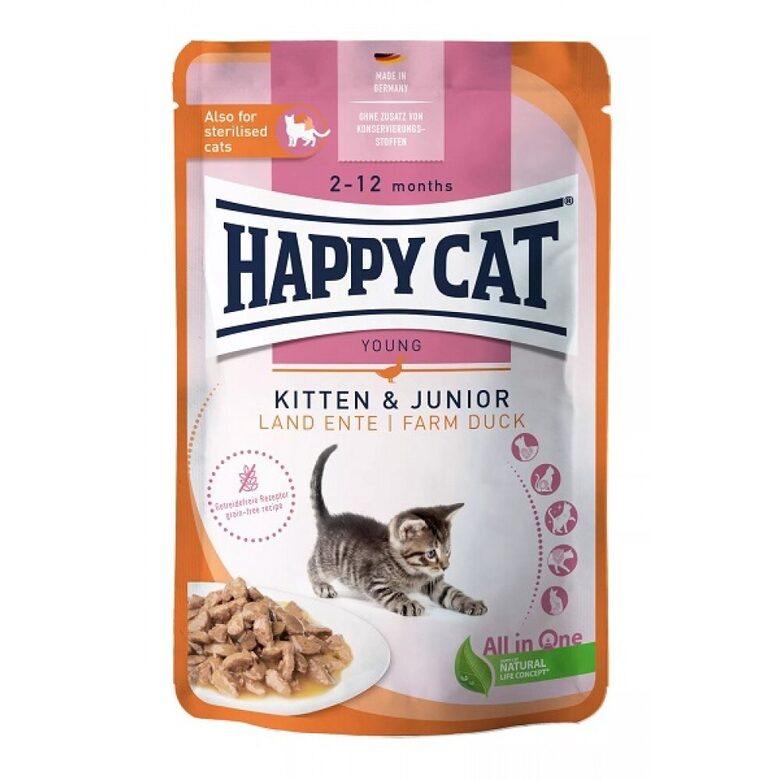 Happy Cat Meat in Sauce - Kitten & Junior Land-Ente - konservi kaķēniem ar pīli 85 g