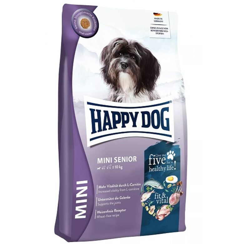 Happy Dog fit & vital Mini Senior 4 kg - sausā barība mazo šķirnu suņiem senioriem - mājputns, jērs, zivis, lasis