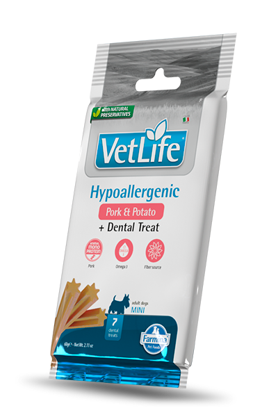 VET LIFE DOG TREAT DENTAL HYPOALLERGENIC PORK & POTATO Mini 60g