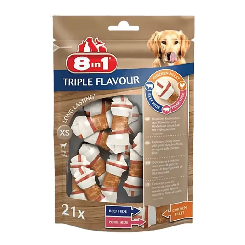 8in1 kārums suņiem - kauls košļāšanai ar vistas fileju "Triple Flavour" XS 294 g N21