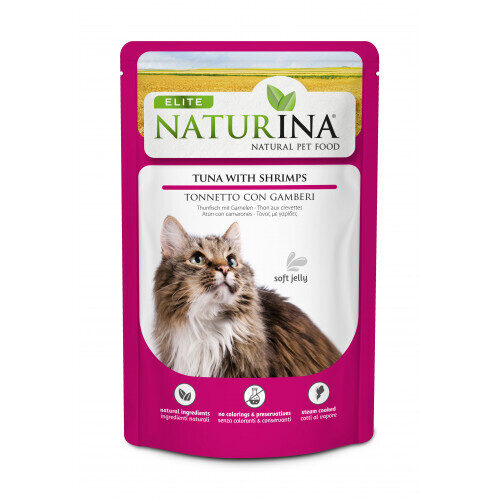 NATURINA ELITE - konservi kaķiem (pauči) tuncis ar garnelēm želejā 70 g