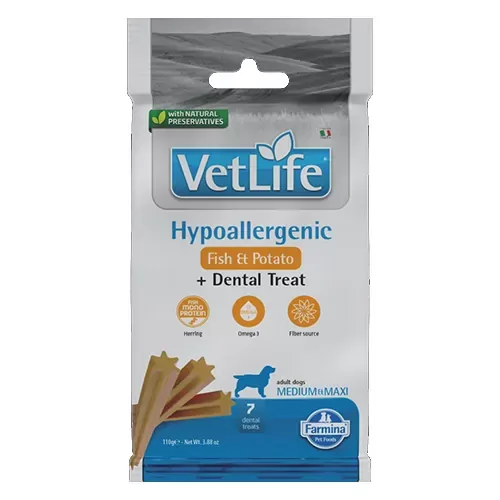VET LIFE DOG TREAT DENTAL HYPOALLERGENIC FISH & POTATO Medium/Large 100g