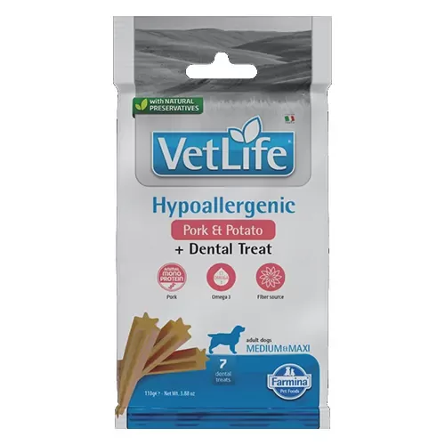VET LIFE DOG TREAT DENTAL HYPOALLERGENIC PORK & POTATO Medium/Large 100g