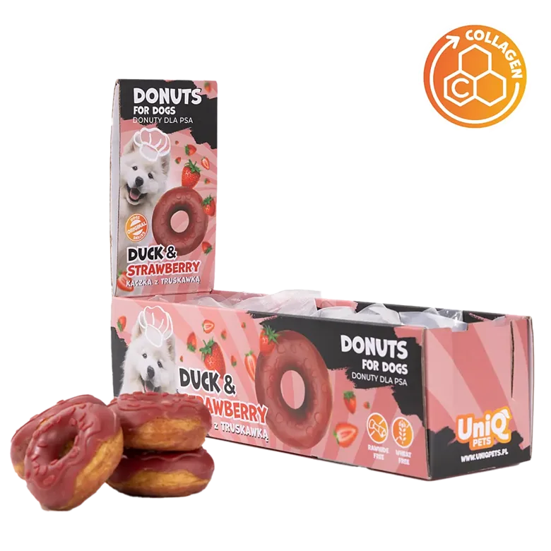 UNIQ PETS - Collagen donut duck & strawberry 7cm – maius koertele part maasika ja kollageeniga 50 g×10 tk.