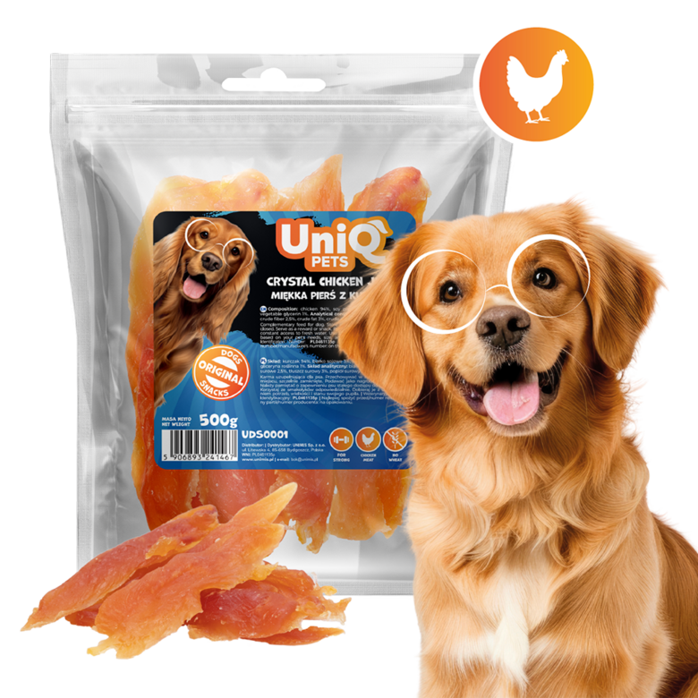 UniQ Pets – Crystal Chicken Jerky - mīksta vistas krūtiņa – kārums suņiem, 500 g