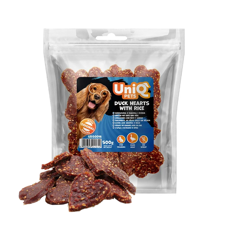 UniQ Pets – Duck Hearts with Rice - sirsniņas ar pīli un rīsiem, 500 g