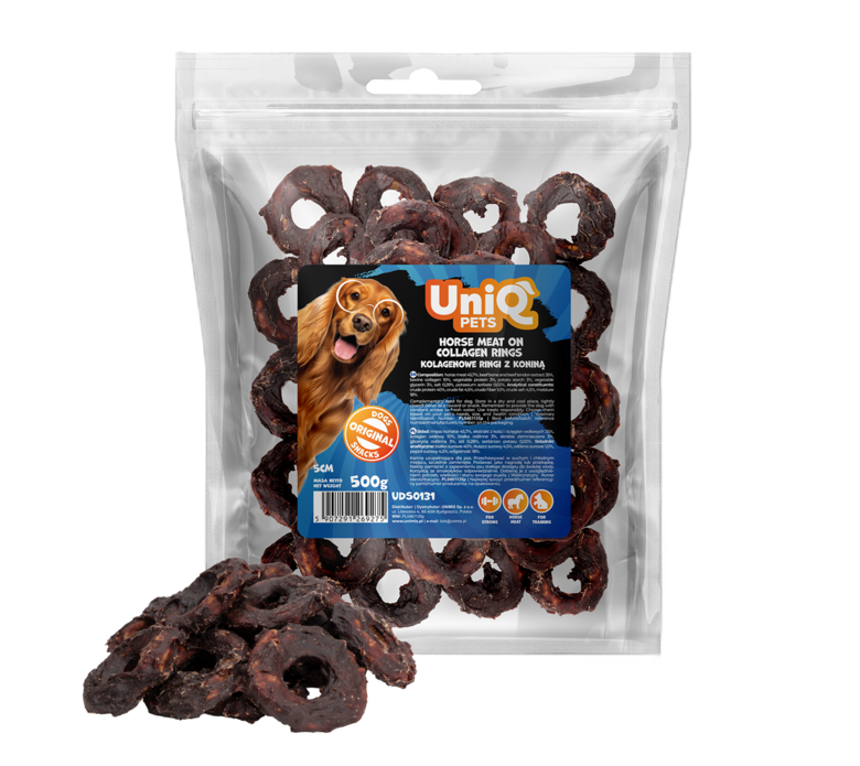 UniQ Pets - Horse Meat On Collagen Rings – Zirga gaļa uz kolagēna gredzeniem, 5 cm, 500 g