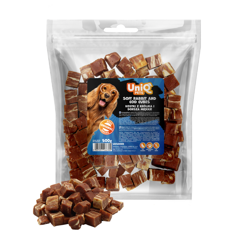 UniQ Pets – Soft Rabbit and Cod Cubes - Mīksti trušu gaļas un mencas kubiņi, 500 g