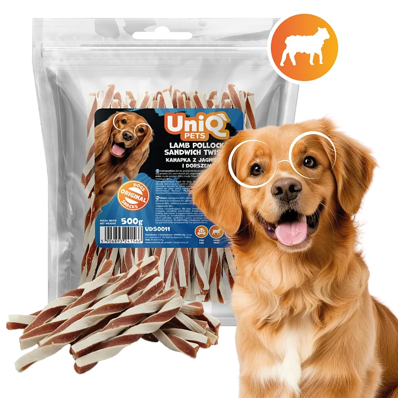 UniQ Pets – Lamb Pollock Sandwich Twists - savīti kārumi ar Aļaskas pollaku un jēra gaļu, 500 g