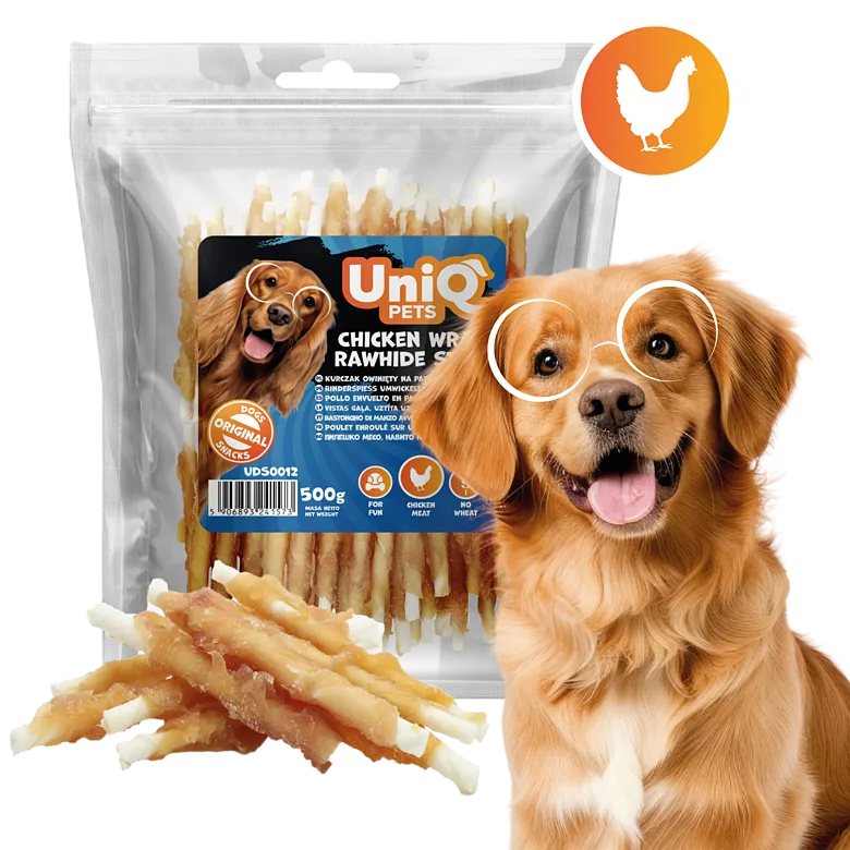 UniQ Pets – Chicken Wraps Rawhide Sticks - Liellopa gaļas kociņi, aptīti ar vistu, 500 g