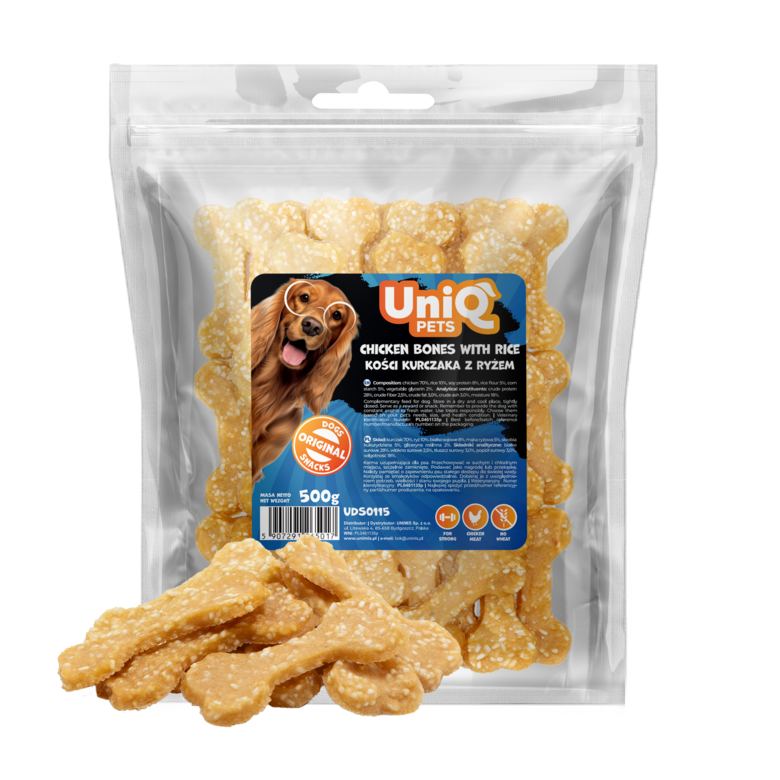 UniQ Pets – Chicken Bones with Rice - Vistas gaļas kauliņi ar rīsiem, 500 g