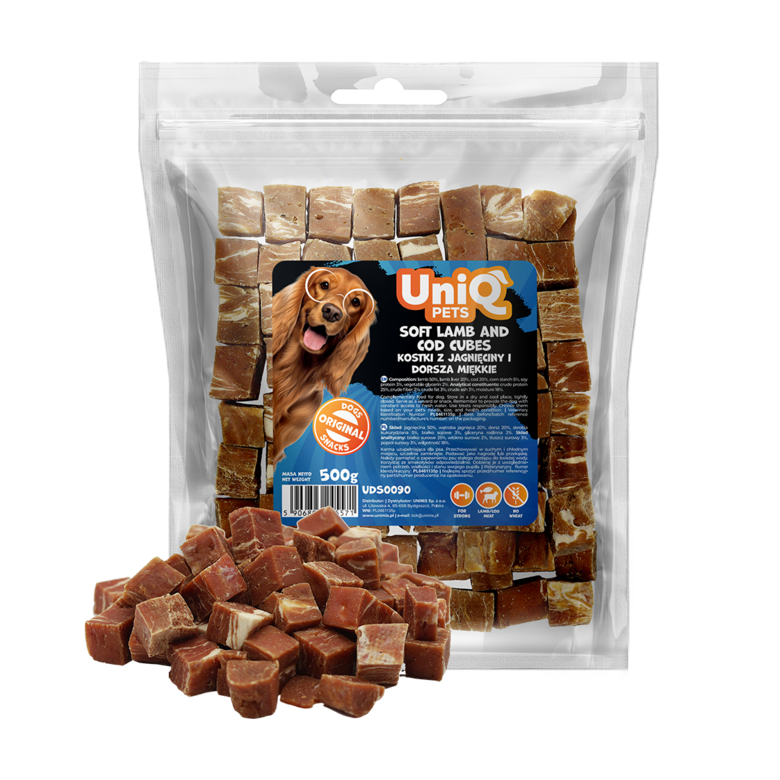 UniQ Pets – Soft Lamb and Cod Cubes - Mīksti jēra gaļas un mencas kubiņi, 500 g