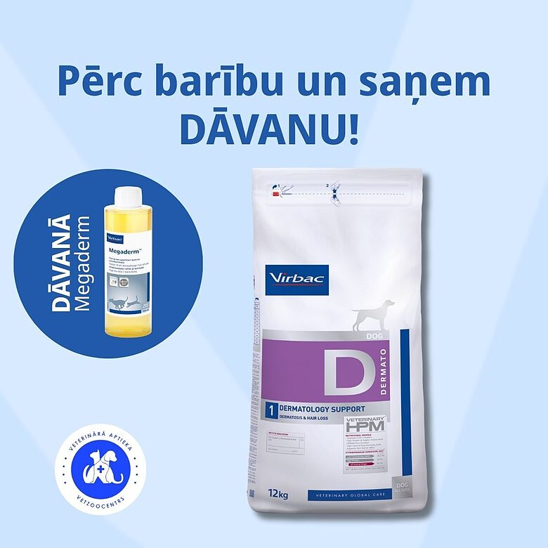 VIRBAC HPM DIET DOG DERMATOLOGY SUPPORT 12kg Pērc 1 preces, dāvanā Megaderm 250 ml