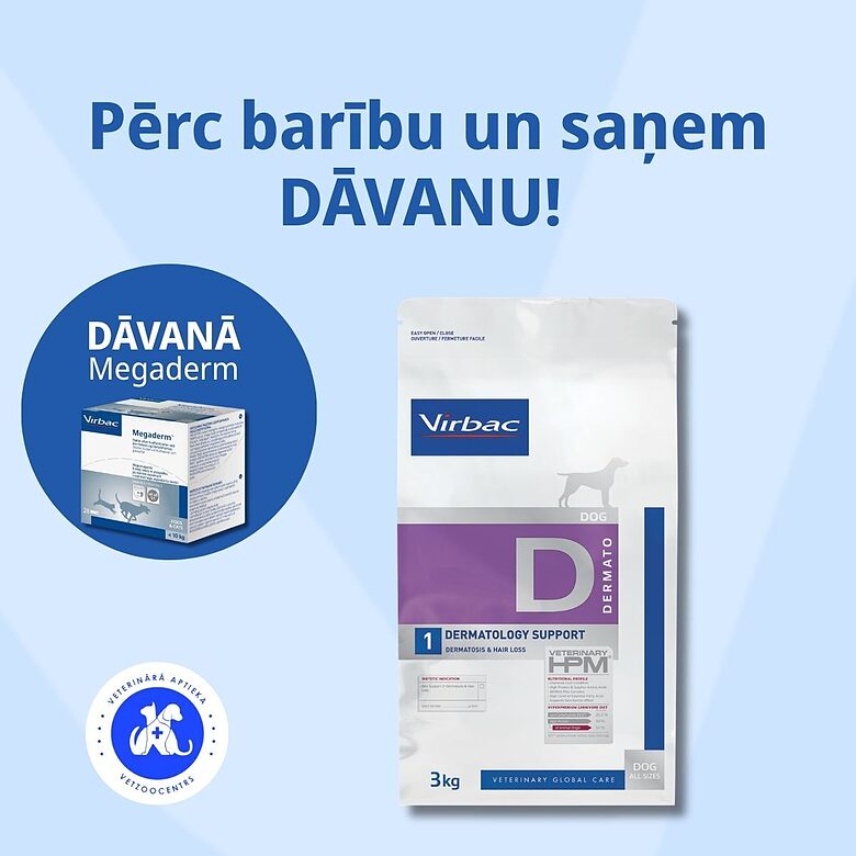 VIRBAC HPM DIET DOG DERMATOLOGY SUPPORT 3kg + Megaderm II Mono 4 ml N28 kaķiem un suņiem līdz 10 kg