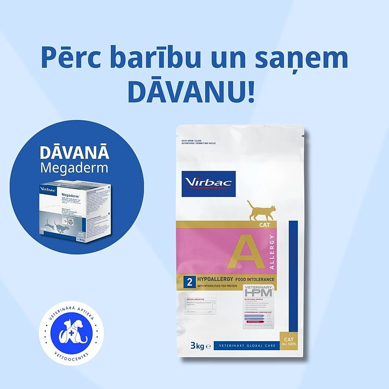 VIRBAC HPMD Cat Hypoallergy with hydrolysed fish protein (2) 3kg Pērc 1 preces, dāvanā saņem Megaderm II