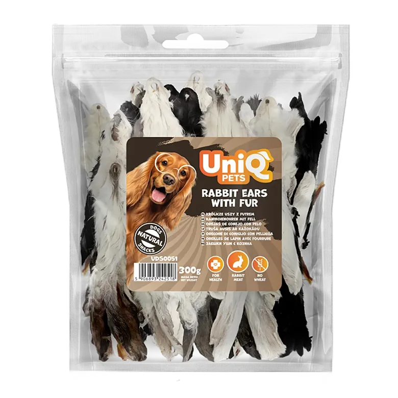 UNIQ PETS dog snacks rabbit ears with fur - Gardums suņiem trušu ausis ar spalvu 300g
