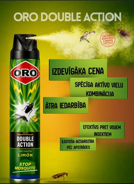 ORO Double Action 500 ml — universālo aerosolu rāpojošo/lidojošo insektu iznīcināšanai