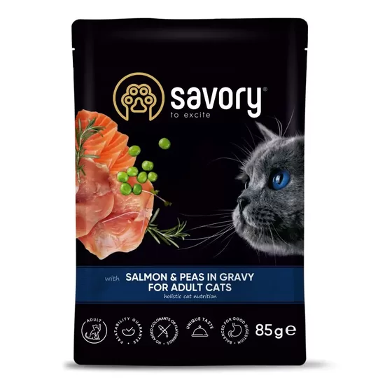 Savory Pouch pieaugušiem kaķiem ar Lasi un zirņiem mērcē 85 g