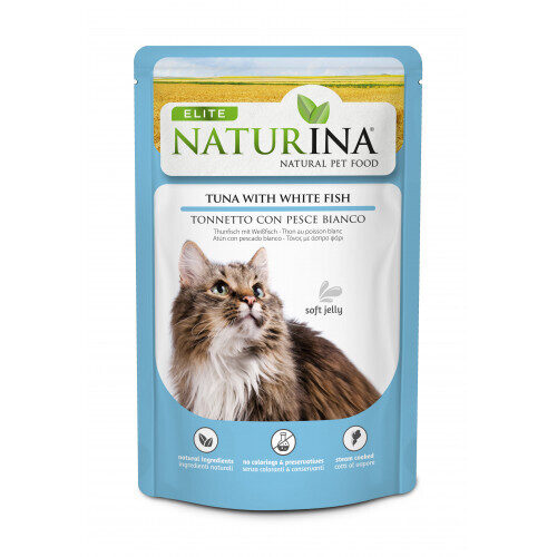 NATURINA ELITE - konservi kaķiem (pauči) tuncis ar baltām zivīm želejā 70 g