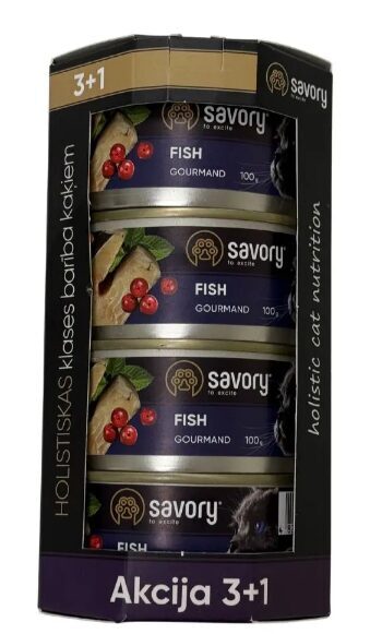 Savory Cat Can Adult Gourmand fish 100g x 4, komplekts 3+1