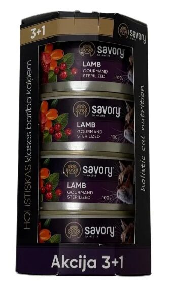 Savory Cat Can Adult Sterilised lamb 100g x 4, komplekts 3+1