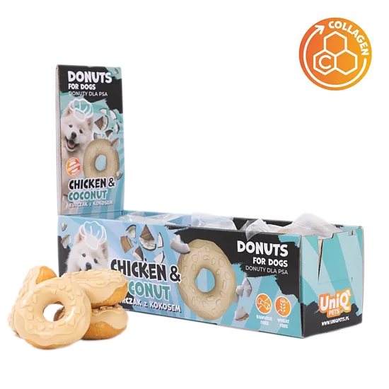 UNIQ PETS dog snacks Collagen donut chicken & coconut 7cm – skanėstas šunims su vištiena, kokosu ir kolagenu 50 g × 10 vnt.