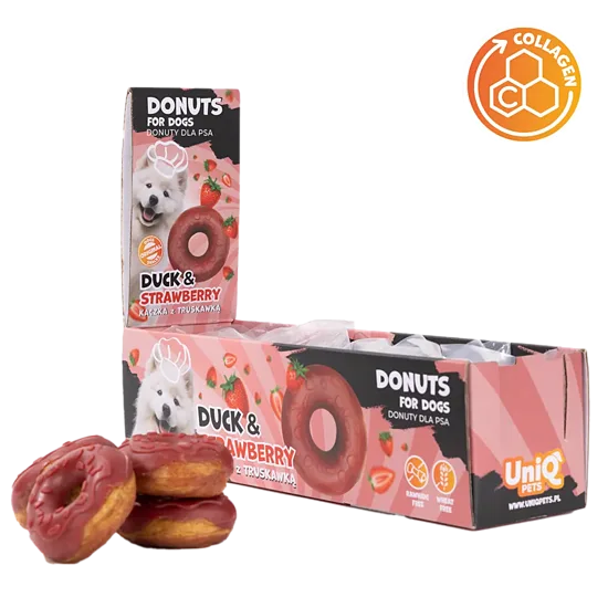 UNIQ PETS dog snacks Collagen donut duck & strawberry 7cm – skanėstas šunims su antiena, braškėmis ir kolagenu 50g×10vnt.