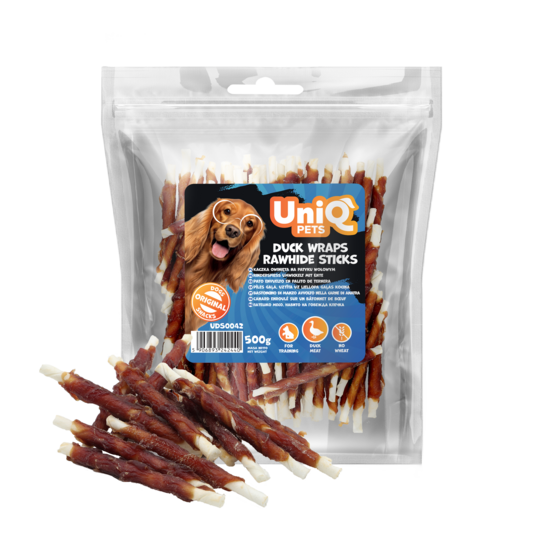 UniQ Pets – Duck Wraps Rawhide Sticks - Liellopa gaļas kociņi, aptīti ar pīli, 500 g