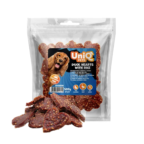 UniQ Pets – Duck Hearts with Rice - sirsniņas ar pīli un rīsiem, 500 g