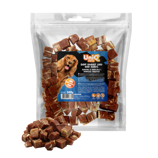 UniQ Pets – Mīksti trušu gaļas un mencas kubiņi, 500 g