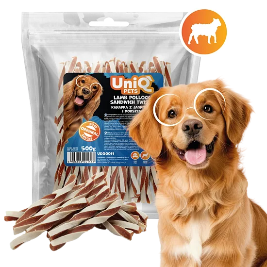 UniQ Pets – Lamb Pollock Sandwich Twists - savīti kārumi ar Aļaskas pollaku un jēra gaļu, 500 g