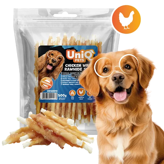 UniQ Pets – Chicken Wraps Rawhide Sticks - Liellopa gaļas kociņi, aptīti ar vistu, 500 g
