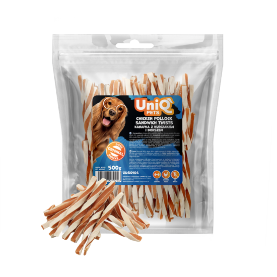 UniQ Pets – Sandwich Twists - kārums suņiem ar vistas gaļu un Aļaskas pollaku, 500 g