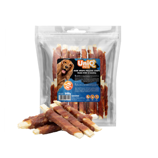 UniQ Pets – Aļaskas pollaka strēmelītes ar pīles gaļu, 500 g