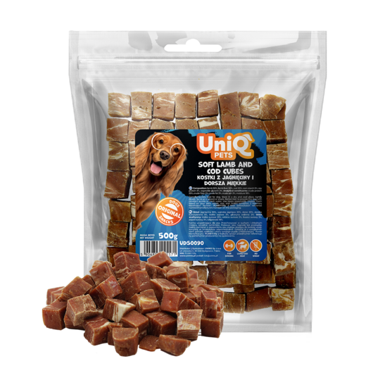 UniQ Pets – Mīksti jēra gaļas un mencas kubiņi, 500 g