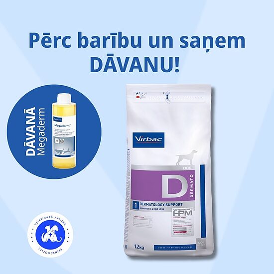 VIRBAC HPM DIET DOG DERMATOLOGY SUPPORT 12kg Pērc 1 preces, dāvanā Megaderm 250 ml