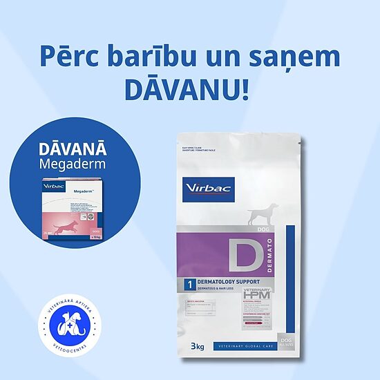 VIRBAC HPM DIET DOG DERMATOLOGY SUPPORT 3kg + Megaderm II Mono 8 ml N28 suņiem virs 10 kg