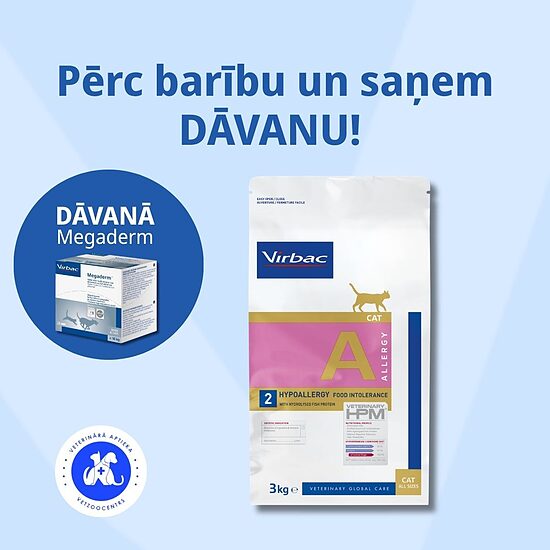 VIRBAC HPMD Cat Hypoallergy with hydrolysed fish protein (2) 3kg Pērc 1 preces, dāvanā saņem Megaderm II