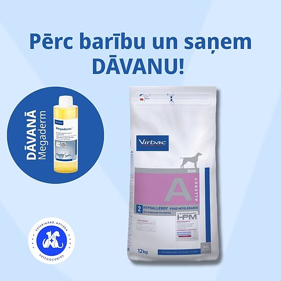 VIRBAC HPMD Dog Hypoallergy with Hydrolysed Salmon Protein 12kg Pērc 1 preces, dāvanā Megaderm 250 ml