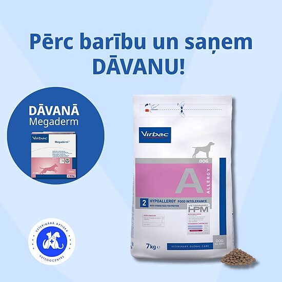 VIRBAC HPMD Dog Hypoallergy with hydrolysed fish protein (2) 7 kg + Megaderm II Mono 8 ml N28 suņiem virs 10 kg