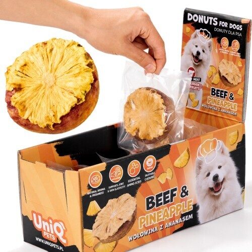 UNIQ PETS dog snacks Collagen donut beef with dried pineapple 7 cm - gardums suņiem ar liellopu gaļu un kaltētiem ananāsiem 30g×10gb.