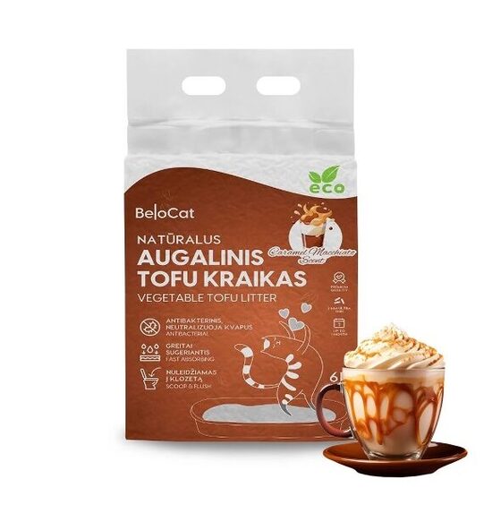 BeloCat Tofu kaķu pakaiši litter kaķiem Caramel Macchiato Scent (Karameļu Makiato aromāts) 6 l/2,5 kg
