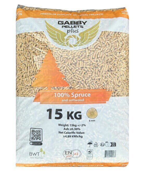 GABBY PLUS medžio drožlių kraiko granulės 6 mm Gabby Plus 15 kg (100% eglė, gali būti iki 3% kitų spygliuočių)