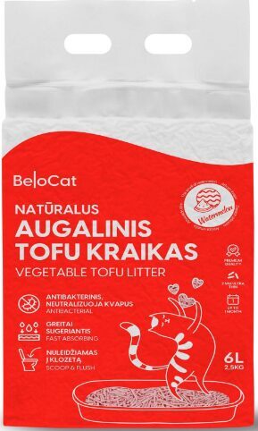 BeloCat Tofu pakaiši kaķiem Watermelon Scent (Arbūzs) 2.5 kg, 6 l 