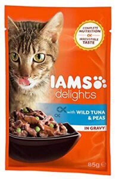 IAMS CAT DELIGHT TUNA&PEAS GRAVY konservi kaķiem 85g x 12gab