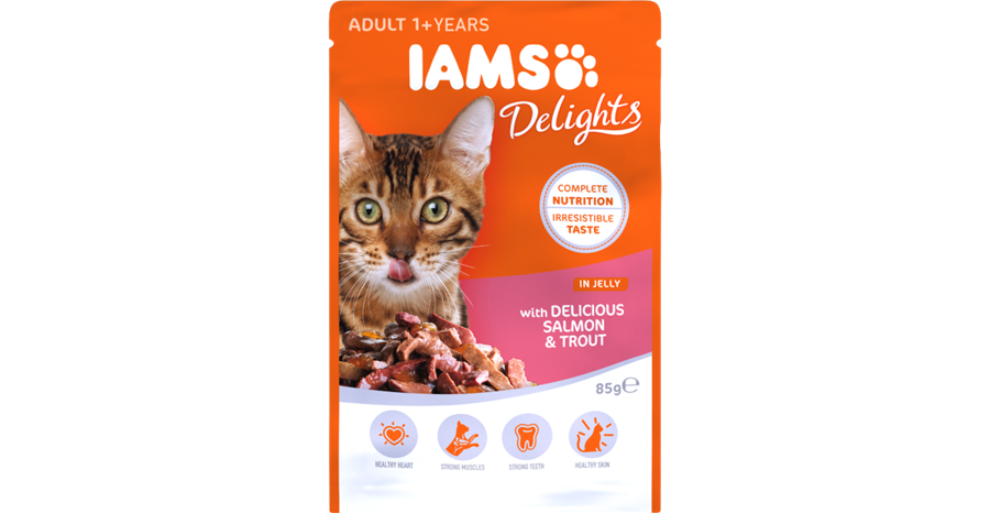 IAMS CAT DELIGHT SALMON&TROUT Jelly konservi kaķiem 85g x 12gab