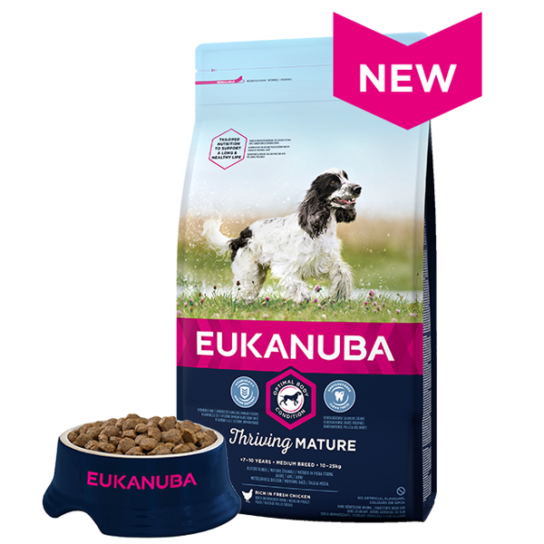 Eukanuba Mature Medium Breed Chicken - vidējo šķirņu vecākiem suņiem ar vistas gaļu 15kg