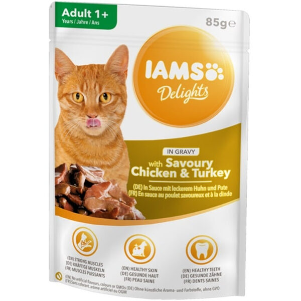 IAMS CAT DELIGHT CHICKEN&TURKEY GRAVY konservi kaķiem 85g x 12gab