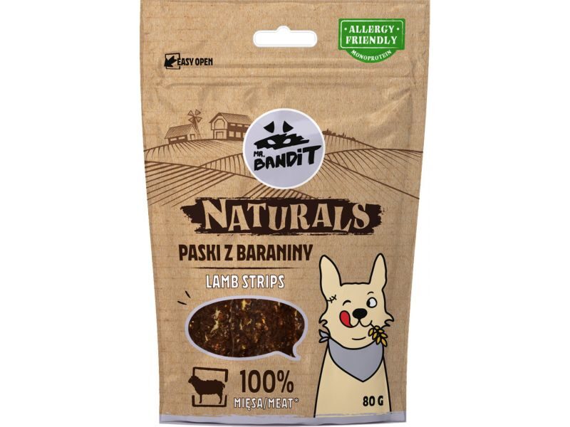 MR.BANDIT NATURALS LAMB STRIPES/JĒRA GAĻAS SLOKSNĪTES 80G