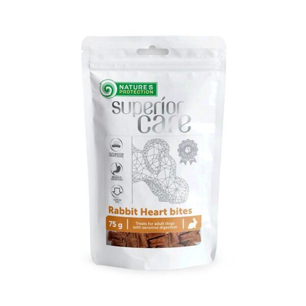 Natures Protection SUPERIOR CARE gardums suņiem ar jūtīgu gremošanas sistēmu truša sirds gabaliņi 75g